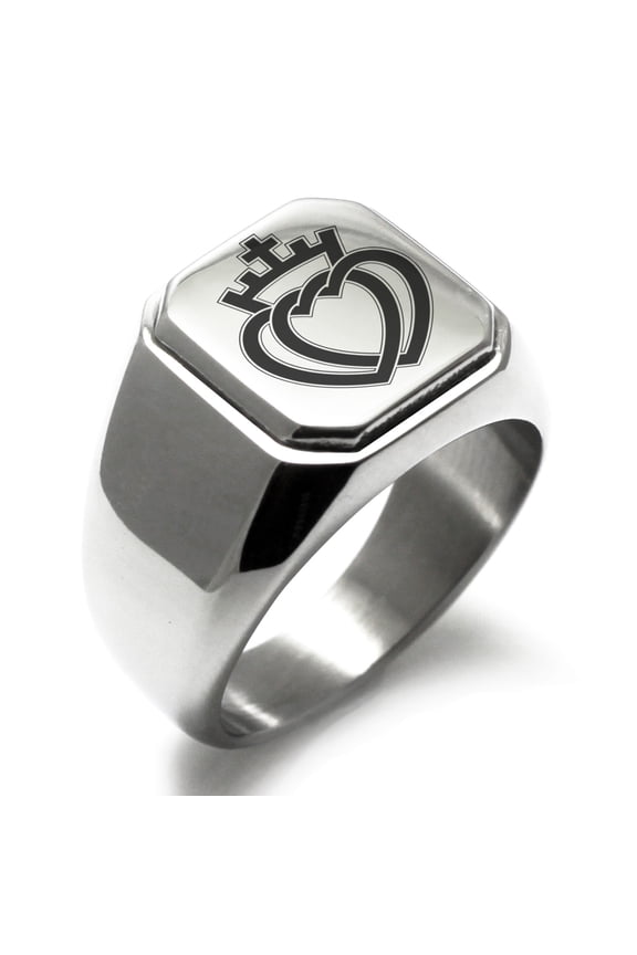 Stainless Steel Crown of Hearts Engraved Square Flat Top Biker Style Polished Ring