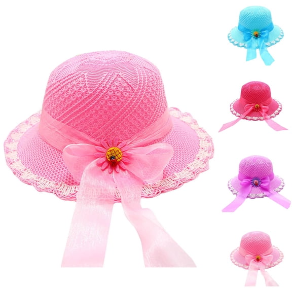THDHVS Girls Hat,Wide Brim Straw Sun Hat Cute Style UPF Breathable Outdoor Beach Summer Hat for Kids Random Accessories Color,Kids Hat Hot Pink Free Size