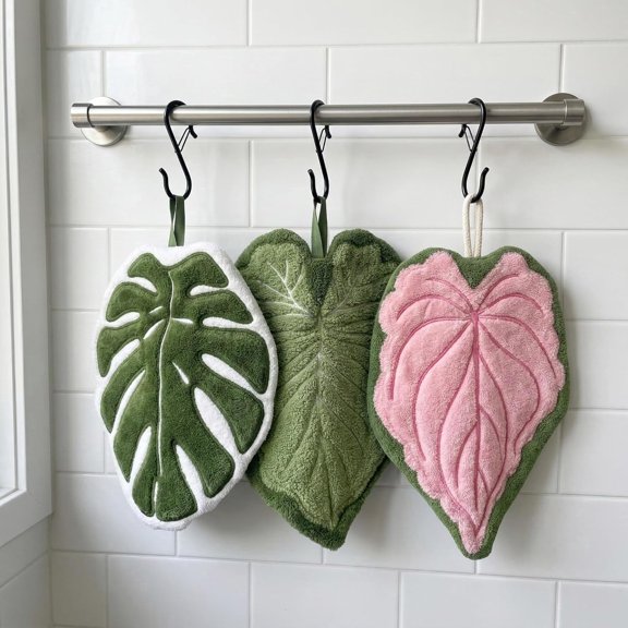 3 Pack Leaf Shaped Hanging Kitchen Towels with S Hanging Loop,cute kitchen towels, Absorbent, Quick-Drying, and Lint-Free,for Bath/Kitchen/Living Room(Green Pink White)