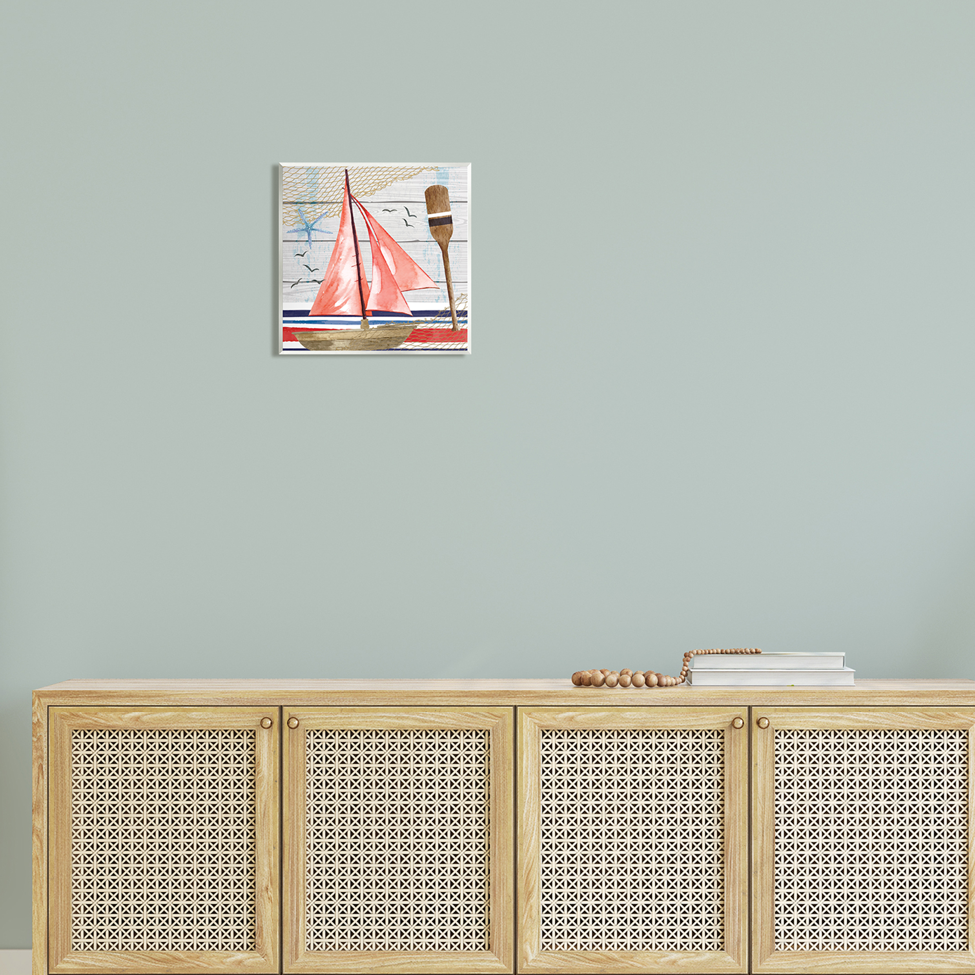 Stupell Coastal Plank Pattern Sailboat Landscape Painting Wall Plaque Unframed Art Print Wall Art