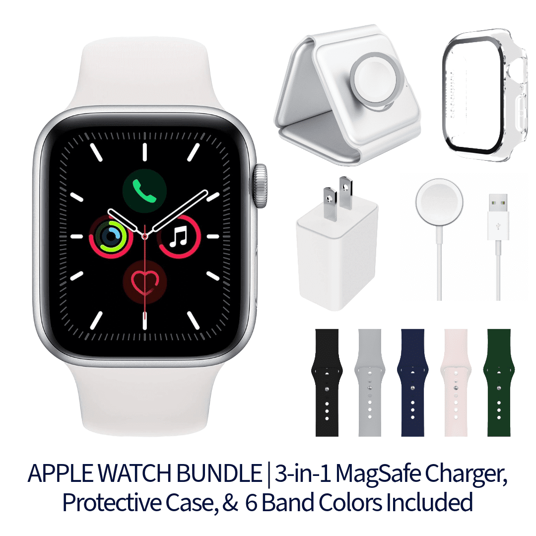 Restored Apple Watch Series 5 Bundle - 40mm GPS Silver (2019) - 3-in-1 MagSafe Charger, Protective Case & 6 Bands Included (Refurbished)