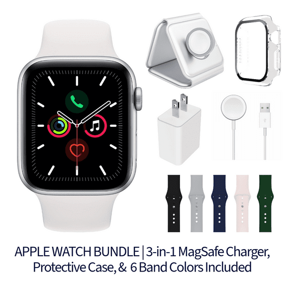 Restored Apple Watch Series 5 Bundle - 40mm GPS Silver (2019) - 3-in-1 MagSafe Charger, Protective Case & 6 Bands Included (Refurbished)