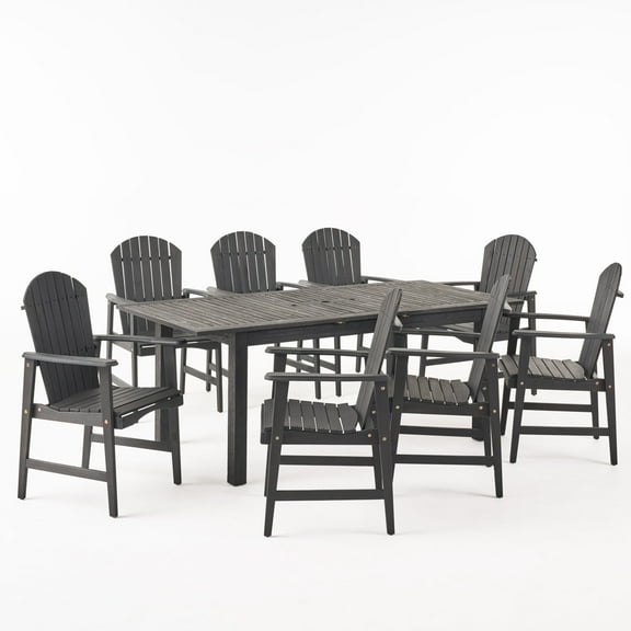 GDF Studio Roxie Outdoor Acacia Wood 9 Piece Adirondack Dining Set, Dark Gray and Sandblasted Dark Gray