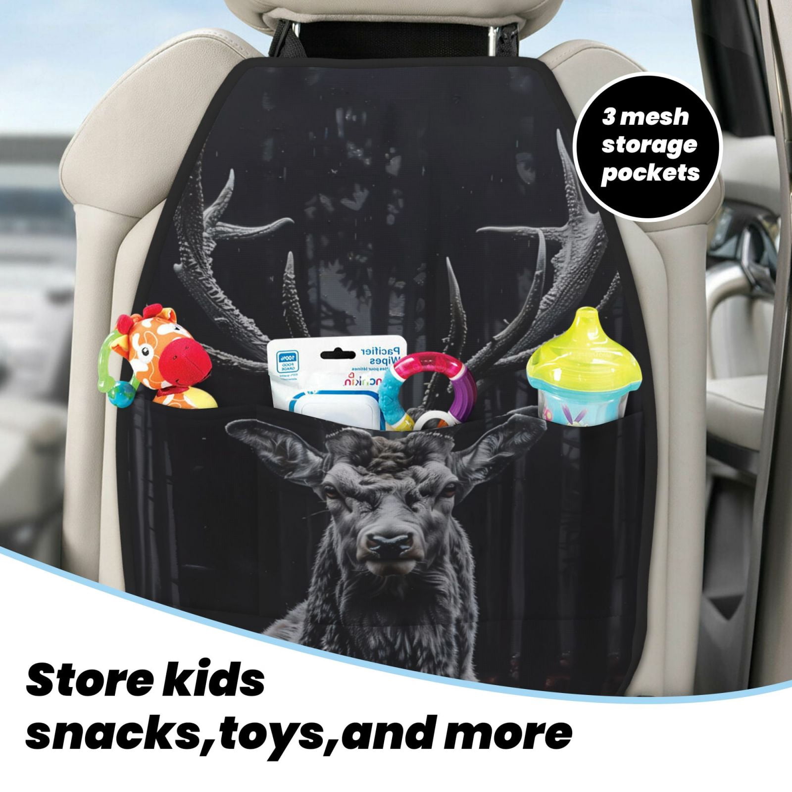 Xecao Majestic Forest Stag Pattern Car Seat Back Protector 2 Pack Large Capacity Pocket, Kick Mats Back Seat Protector