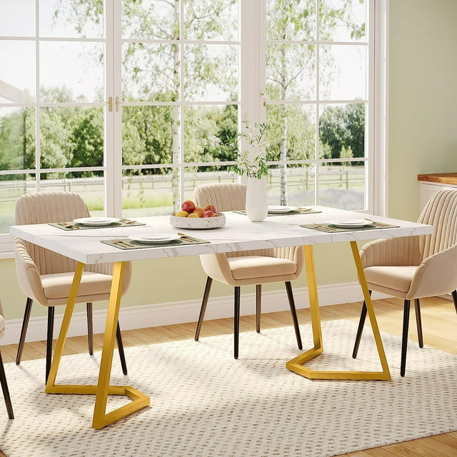 Tribesigns Modern Dining Table, 55 inches Dinner Table for 4 People, White Faux Marble Small Kitchen Table with Gold Metal Legs