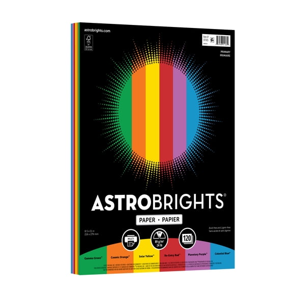 Astrobrights Colored Paper, 8.5" x 11", 24 lb./89 Gsm, Primary 6-Color Assortment, 120 Sheets