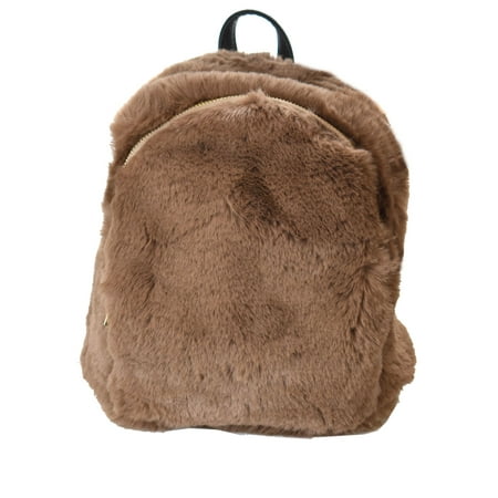 C.C Women's Faux Fur Fuzzy Backpack Schoolbag Shoulder Bag Purse, Single Zipper Taupe
