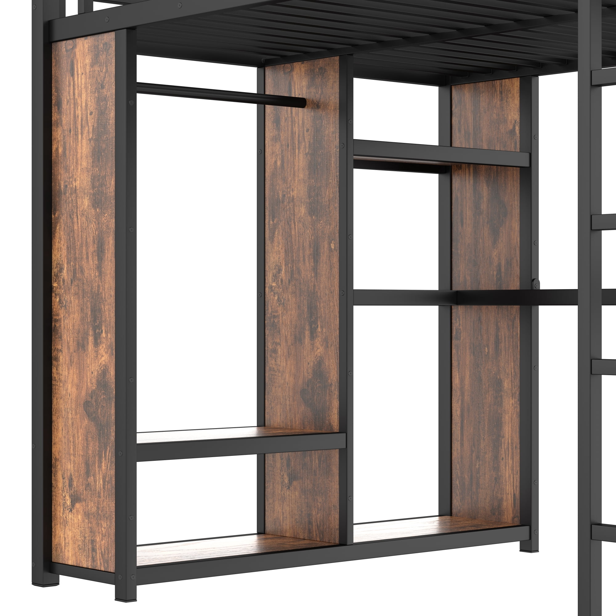 Leumius Queen Size Loft Bed with Built-in Wardrobe,Metal Loft Bed Frame with Woodgrain Desk and Storage Shelves,Space-Saving,Black