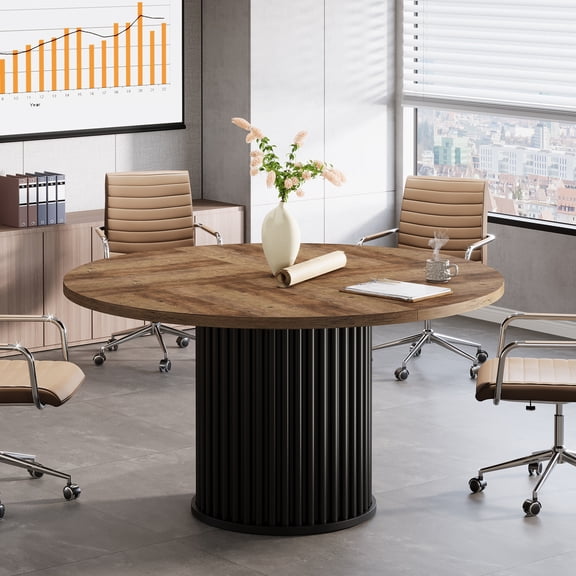Tribesigns Round Conference Table, 47-Inch Wooden Meeting Table for 4-6 People with Sturdy Metal Base for Conference Room, Black