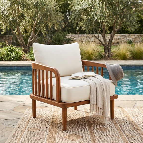 Christopher Knight Home Patio Chair with Slatted Arms, Acacia Wood Frame and Cushion, Natural Beige