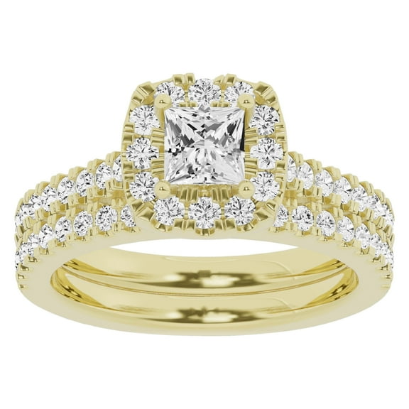Unique Moments 1.50 Ctw Lab Grown Princess Halo Diamond Engagement Matching Wedding Ring Set 10K Yellow Gold