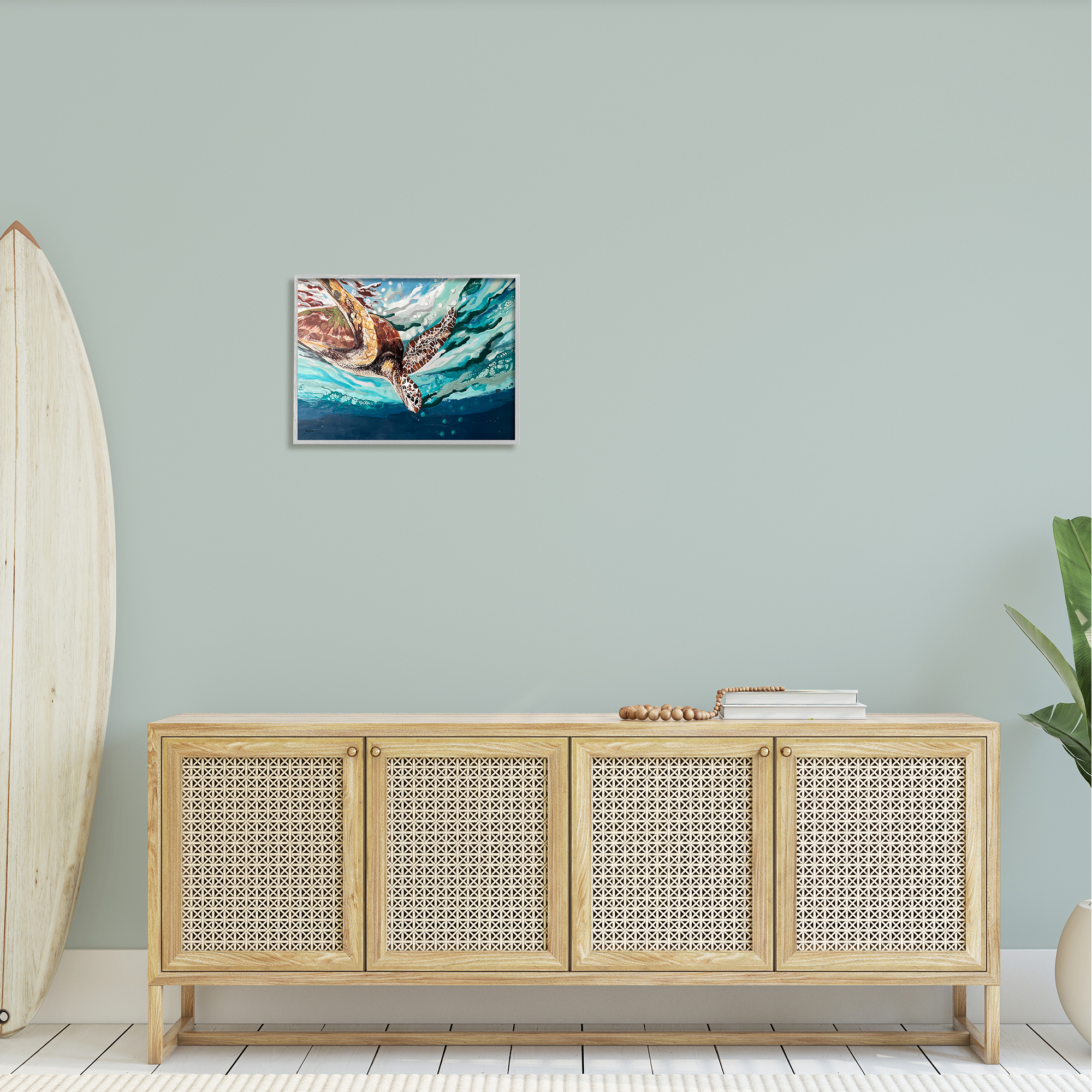 Stupell Industries Splashing Sea Turtle Diving Below Ocean Surface Painting Gray Framed Art Print Wall Art, Design by Stacy Gresell