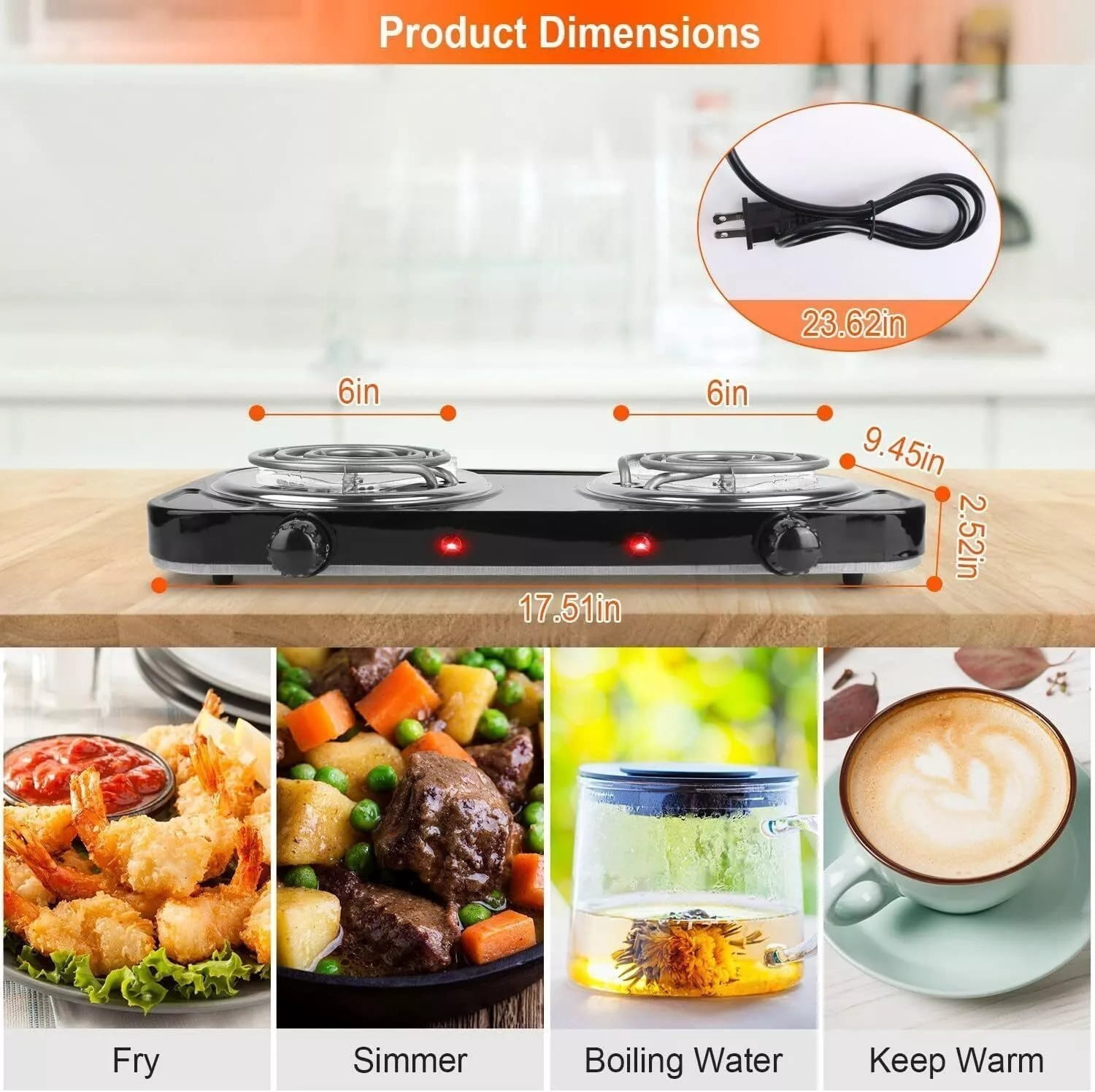 XEENSO 2000W Portable Kitchen Electric Double Burner Hot Plate Cooktop Cooking Stove