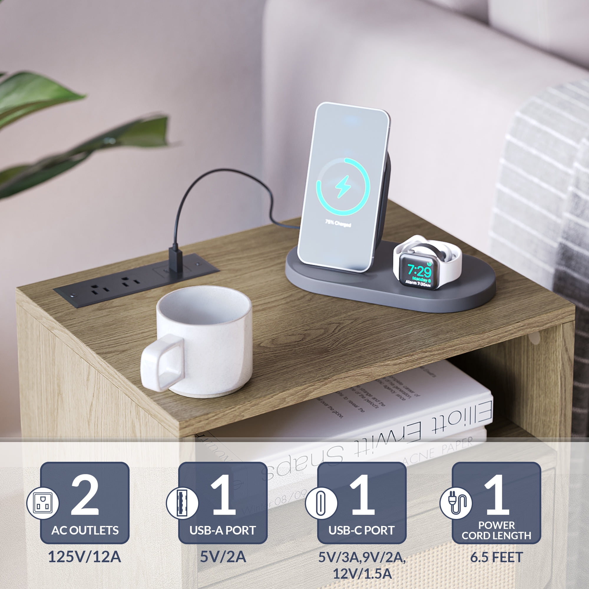 BELLEZE End Table with Ultra-Fast USB Type A/C Outlet Strip, Boho Style Nightstand with Rattan Decorated Cabinet, Modern Side Table for Bedroom, Guest Room, Office - Carl(Nature)
