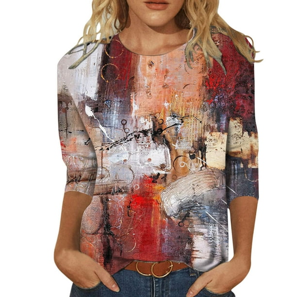 Camisas Para Mujer Moda Cuello Redondo 3/4 Manga Camiseta Otoño Estampado Blusa Tops Sudadera Odeerbi ODB124621