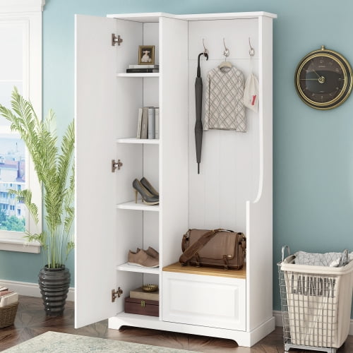 Hall Tree with Flip-Up Bench and Shoe Cabinet, Adjustable Shelves, Hooks, Entryway Mudroom Furniture, White