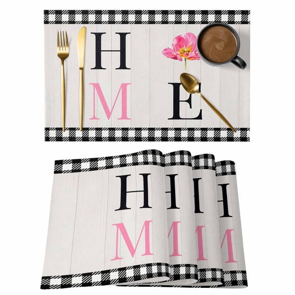 Farmhouse HOME Placemats Set of 4 Pink Tulip Black White Plaid Wooden Place Mats Indoor Wipeable Table Mats Washable Cloth Dining Table Placemats for Kitchen Holiday Party Home Decor 13x19 Inch