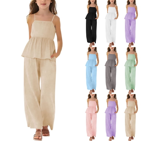 CCRFTGI Girls Summer Outfits Size 10-12 Linen 2 Piece Outfits Sleeveless Ruffle Cami Tops and Pants Sets Girls Fashion Tracksuits for Kids Beige 9-10 Years