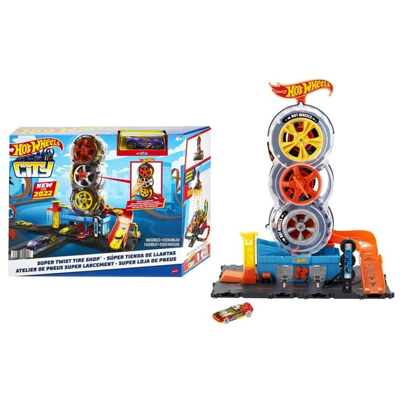 Hot Wheels City Super Twist Tire Shop Playset & 1:64 Scale Toy Car