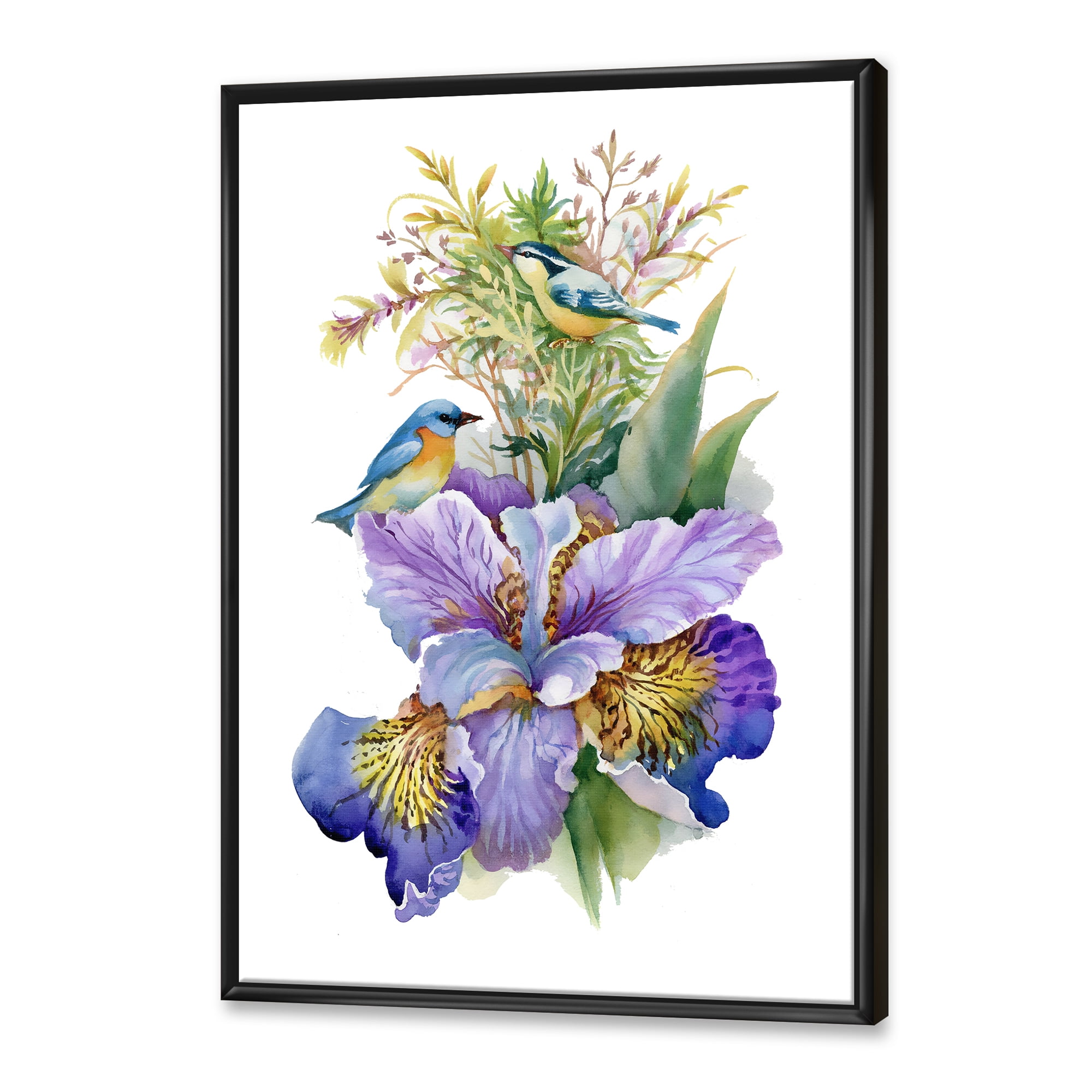 Birds With Purple Iris 16 in x 32 in Framed Painting Canvas Art Print, by Designart