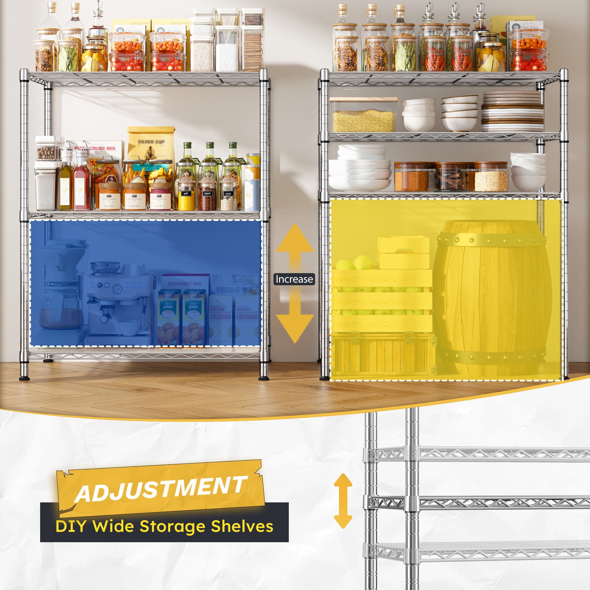 REIBII 3-Tier Wire Shelving Unit with Wheels,36"Wx18"D Heavy Duty Storage Rack,Adjustable Utility Organizer for Garage,Laundry,Pantry,300 lbs Per Shelf Chrome