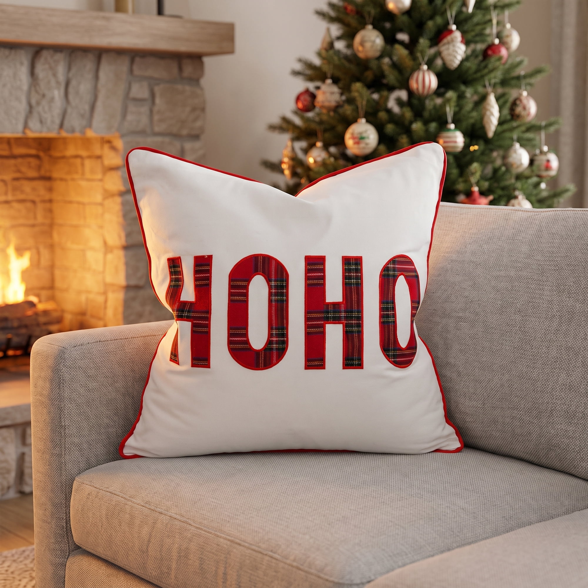 Unique Bargains 2 Pack Throw Pillow Covers Tartan Cushion Cases Red Plaid HoHoHo 18"x18"
