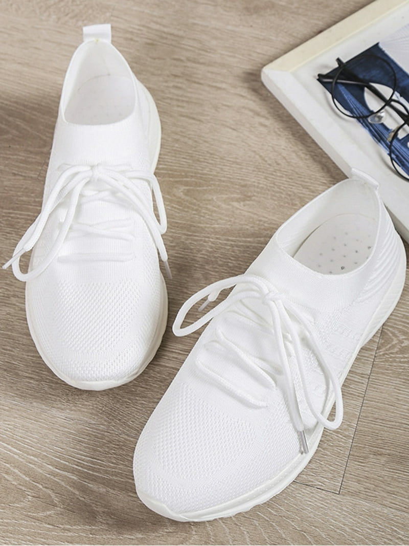 White Sneakers for Women Lace Up Shoes Wide Width Running
