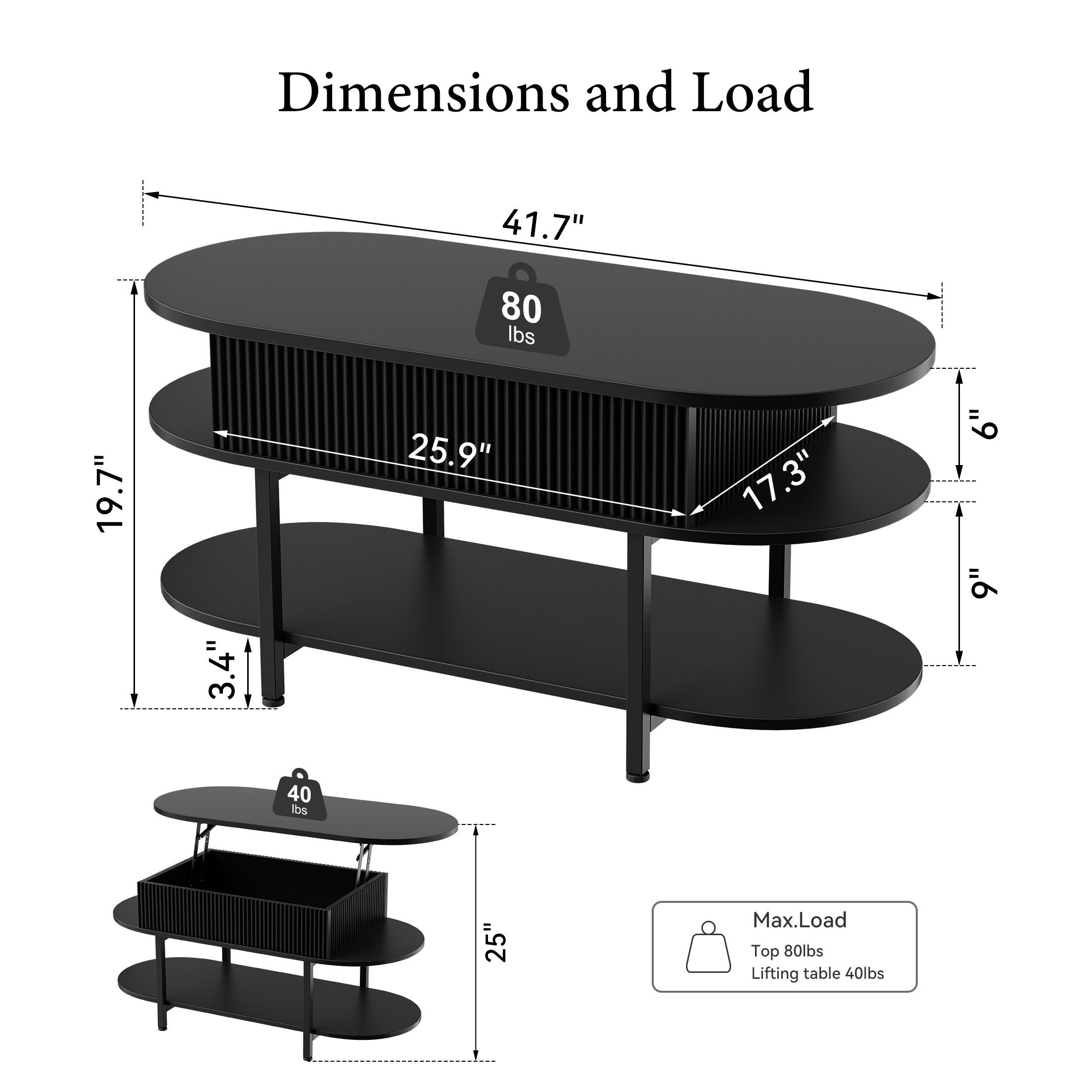 GUNAITO Lift Top Coffee Table with Storage, Modern Farmhouse Center Table with Shelf 3 Tier for Living Room, Black