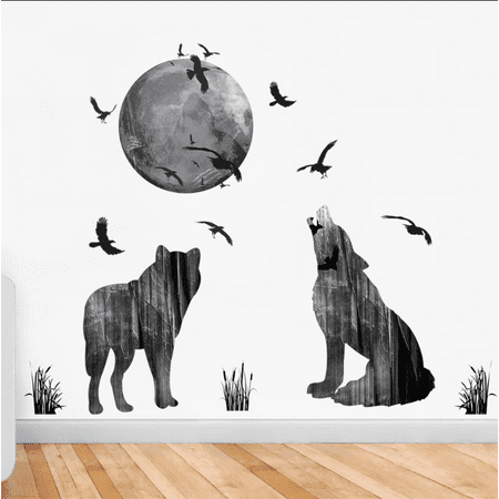 Porch Room Ideas Amerteer Creative Howling Wolf Silhouette Stickers Vinyl Moon Flying Birds Wall Decal for Living Room Porch Cinemas Window Nursery Kids Room Decor Home Art Mural ()