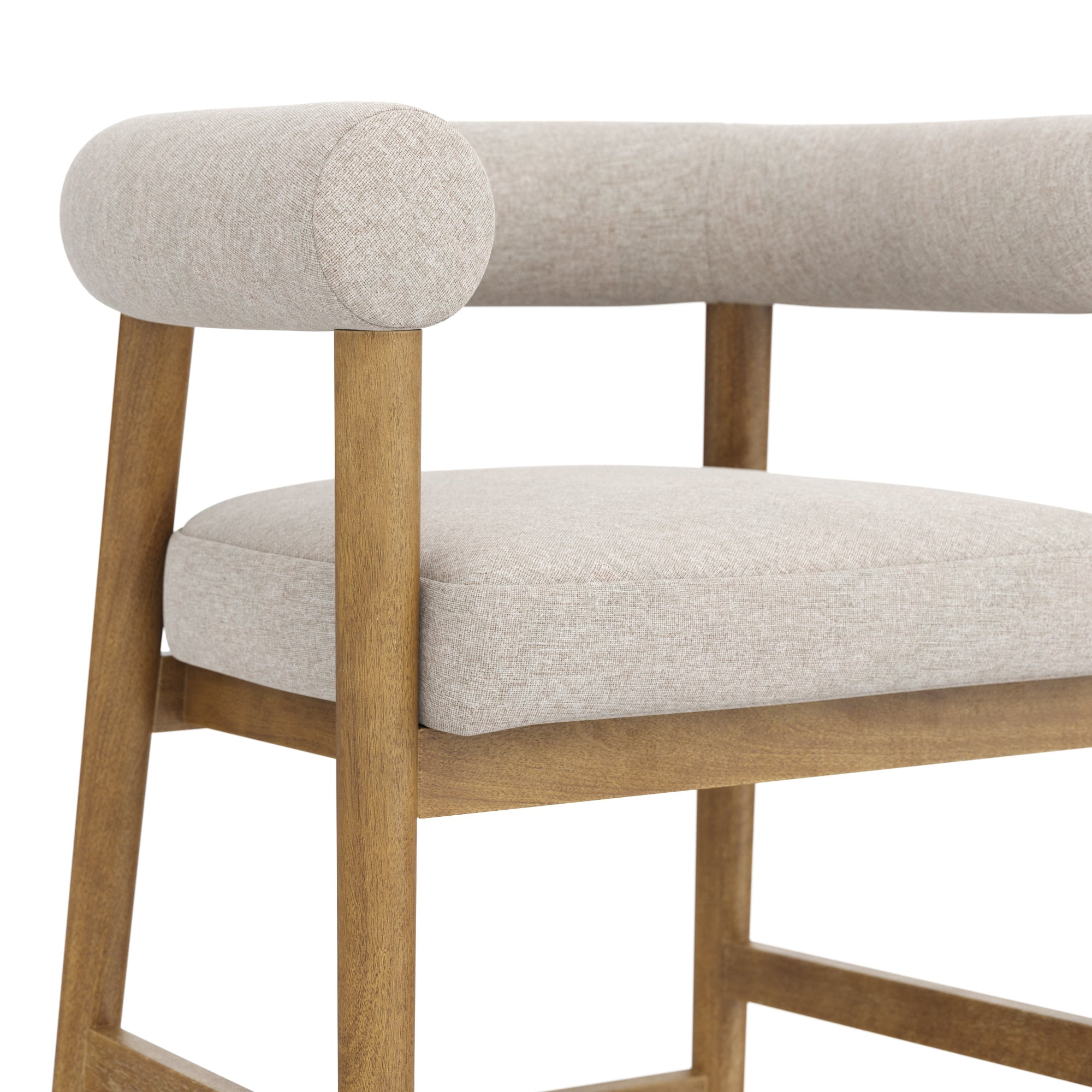 Nathan James Demi Modern Barrel Bar Stool with Solid Wood Legs and Natural Flax Upholstery, Wooden Bistro Bar Stool with Curved Back, Flax/Light Brown
