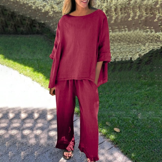 DecSea Two Piece Summer Sets Crewneck Shirt Pant Outfits Fashion Cotton Linen Workout Set Comfy Lightweight Solid Suits