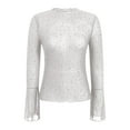 thumbnail image 4 of adviicd Women Mesh Tops Rhinestone Tops Long Bell Sleeve Blouses Glitter Shirts Sexy Clubwear Outfits (White, XL), 4 of 6