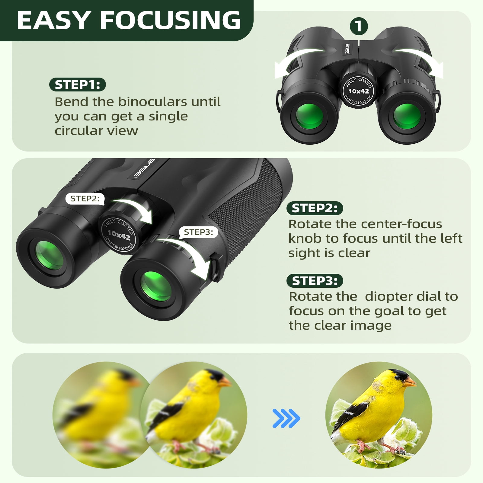 BNISE Binoculars for Adults , 10X42 HD Professional Binoculars with Low Light Vision Bak 4 Prism FMC Lens, Compact Waterproof for Bird Watching,Hunting,Hiking Outdoor Traveling