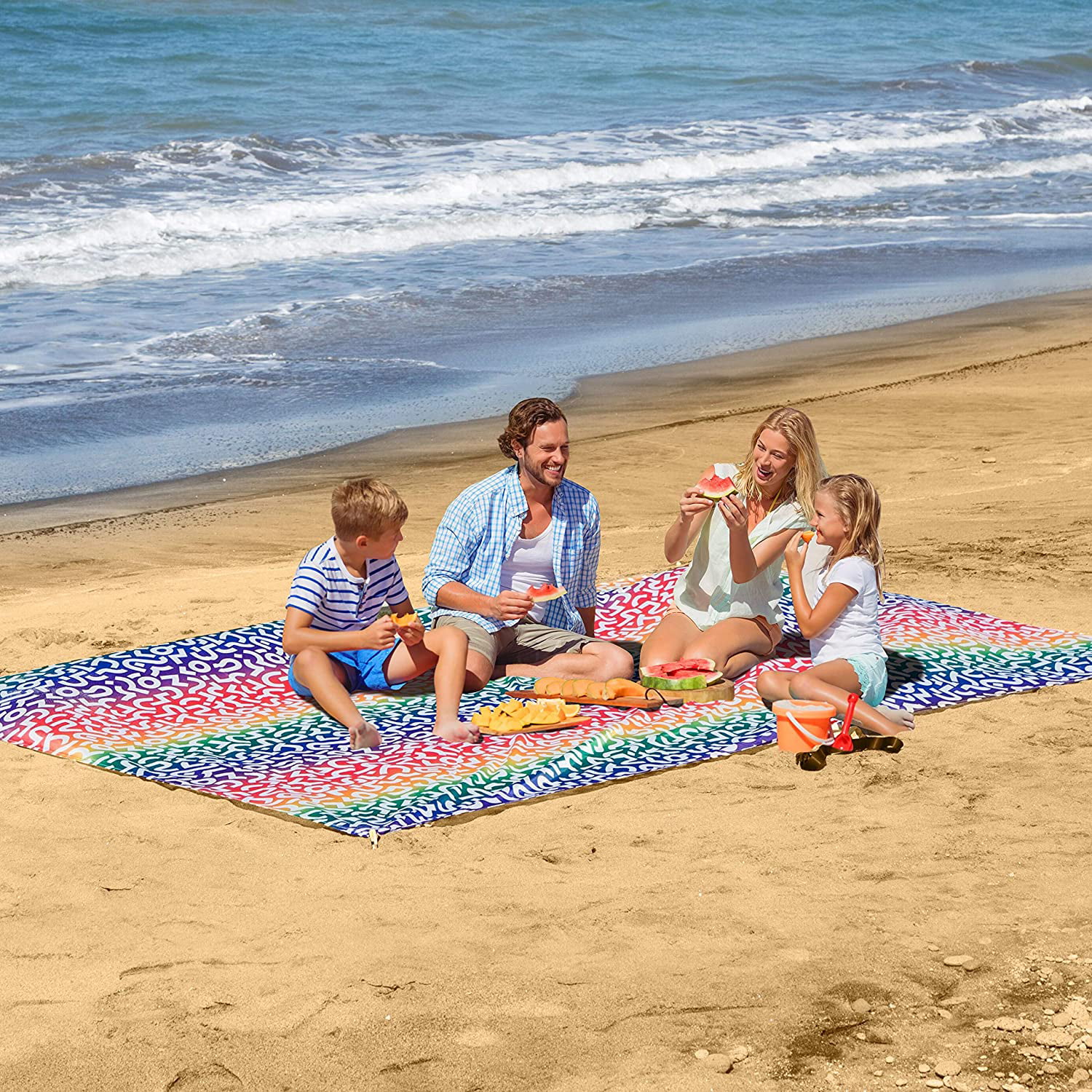 UrbanEco Outdoors Lightweight Beach Blanket Double Anchored for Fun Leisure Beach Blanket With Stake Pouch and Plastic Stakes Durable Sand Beach Mat Waterproof Sandproof Oversized 107 x 77