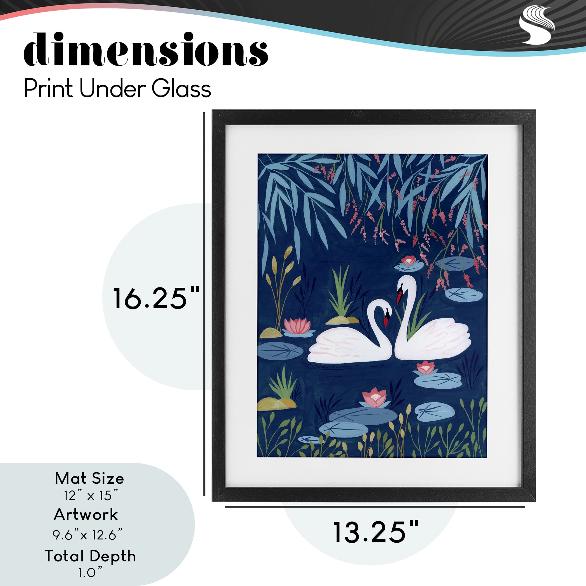 Swan Pair on Blue Pond Black Framed Print Under Glass, design by Nabeela Rumi