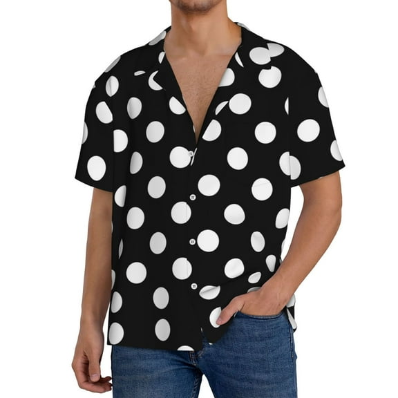 Hirioo Black and White Polka Dot for Men's Cuban Collar Short Sleeve Shirt Button Down Shirt Beach Summer Shirts Wedding Vacation Shirts-