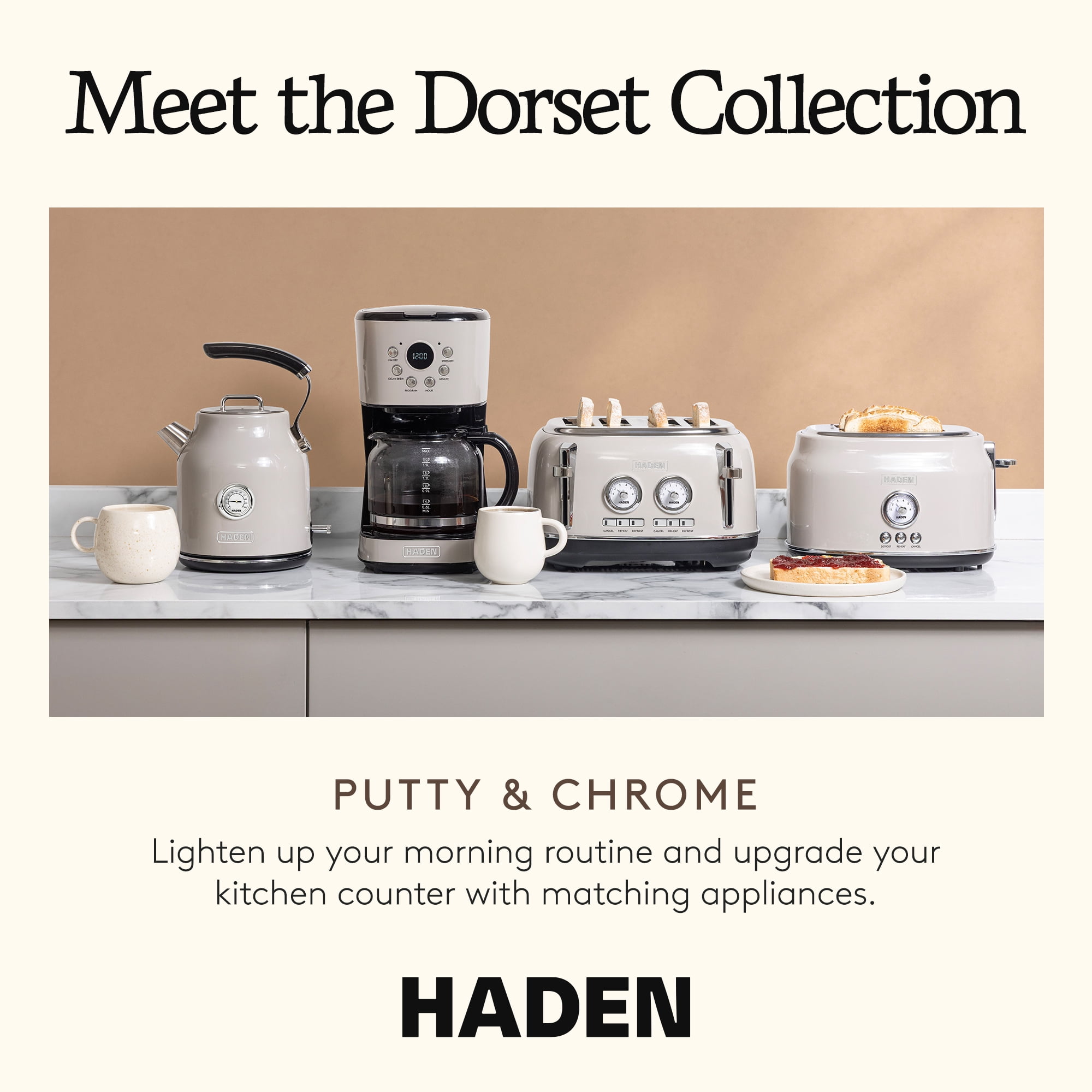 Haden Dorset 12 Cup Coffee Maker & 4 Slice Wide Toaster, Putty & Chrome