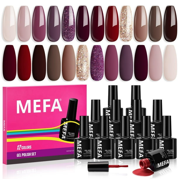Set de esmaltes de uñas en gel MEFA, 12 colores, burdeos, rojo, champán y dorado