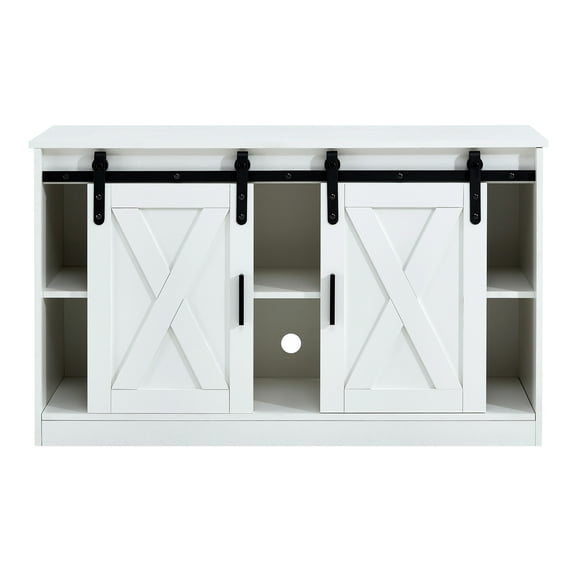 TV Stand with Storage and Two Sliding Barn Doors, Farmhouse Wood Entertainment Center Storage Cabinet Table for Bedroom, Living Room and Corridor, 46.9"L×27.6 "W×15.0"H, White