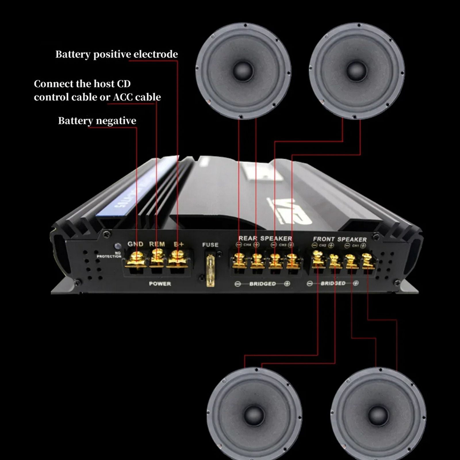 12V 3800W Car Audio Amplifier High Power Dual Bass Output Cart 4 Channel Audio Speaker Subwoofer Amplifier
