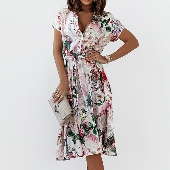 Lilgiuy Women's Bohemian V-neck Loose Short Sleeve Print Long Dress Belt White,6 Fall Dresses for 2022 Spring Winter