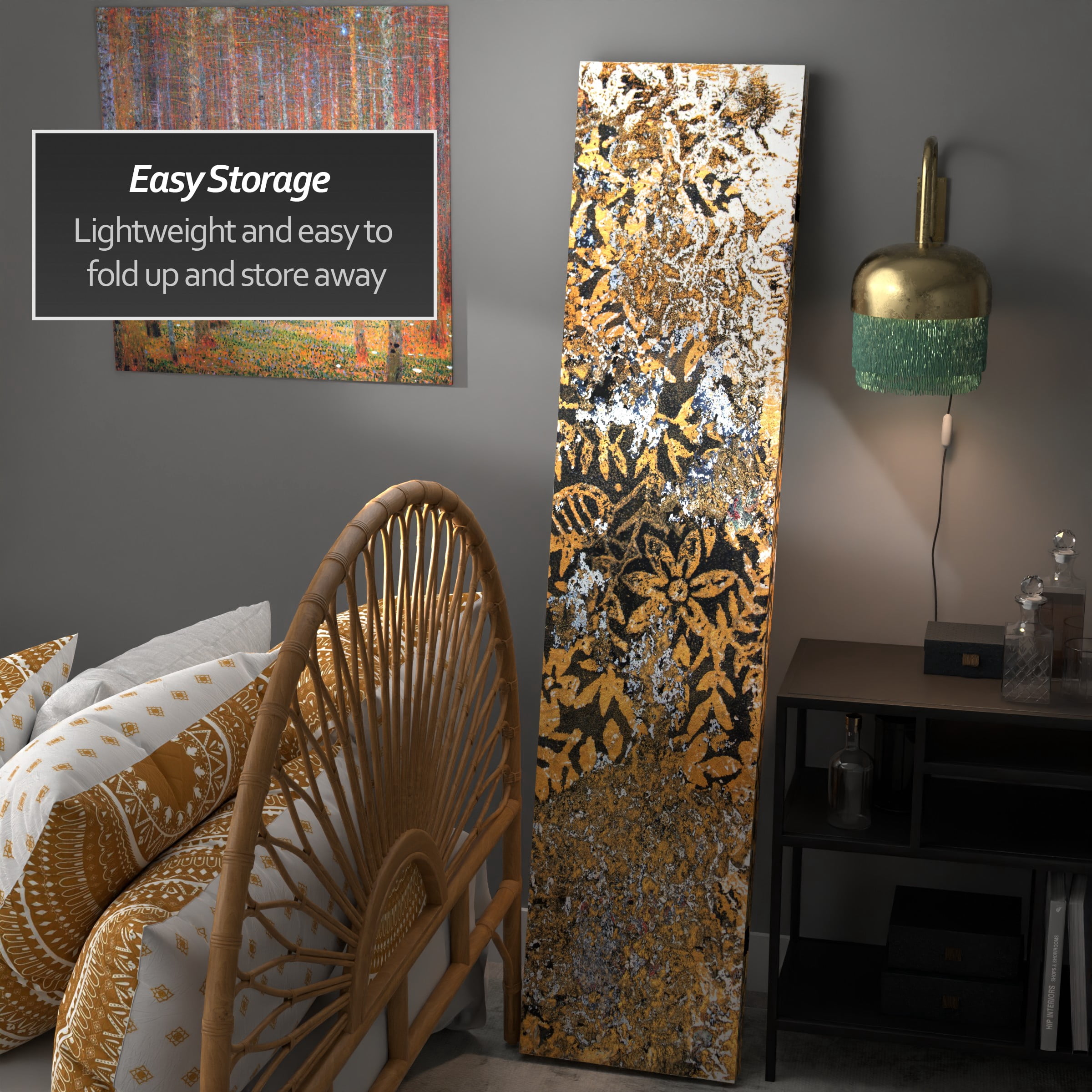 Red Lantern 6 ft. Tall Flowering Gold Canvas Room Divider - 3 Panel, Freestanding, Foldable Screen