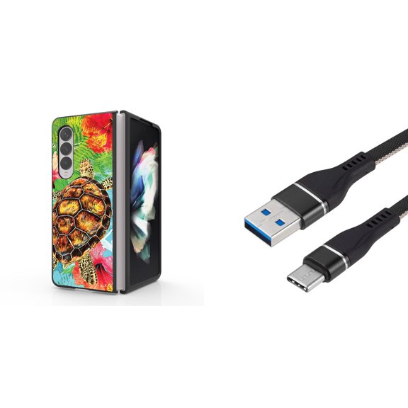 Accessory Bundle for Galaxy Z Fold 4: Slim Snap-On Case (Turtle Flowers), Nylon Braided USB-C to USB-A Cable (3 Feet)