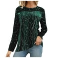 thumbnail image 1 of NINGMENG Womens Tops Solid Color Casual Round Neck Long Sleeve Irregular Hem Bead Stitching Tops Pullover Tee Shirts Daily-Wear,Green,S, 1 of 8