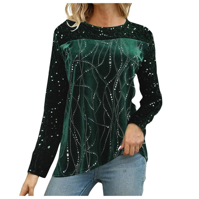 NINGMENG Womens Tops Solid Color Casual Round Neck Long Sleeve Irregular Hem Bead Stitching Tops Pullover Tee Shirts Daily-Wear,Green,S