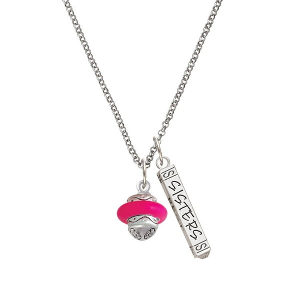 Delight Jewelry Silvertone Hot Pink Center Spinner Silvertone Sisters Best Friends Forever Bar Charm Necklace, 23"