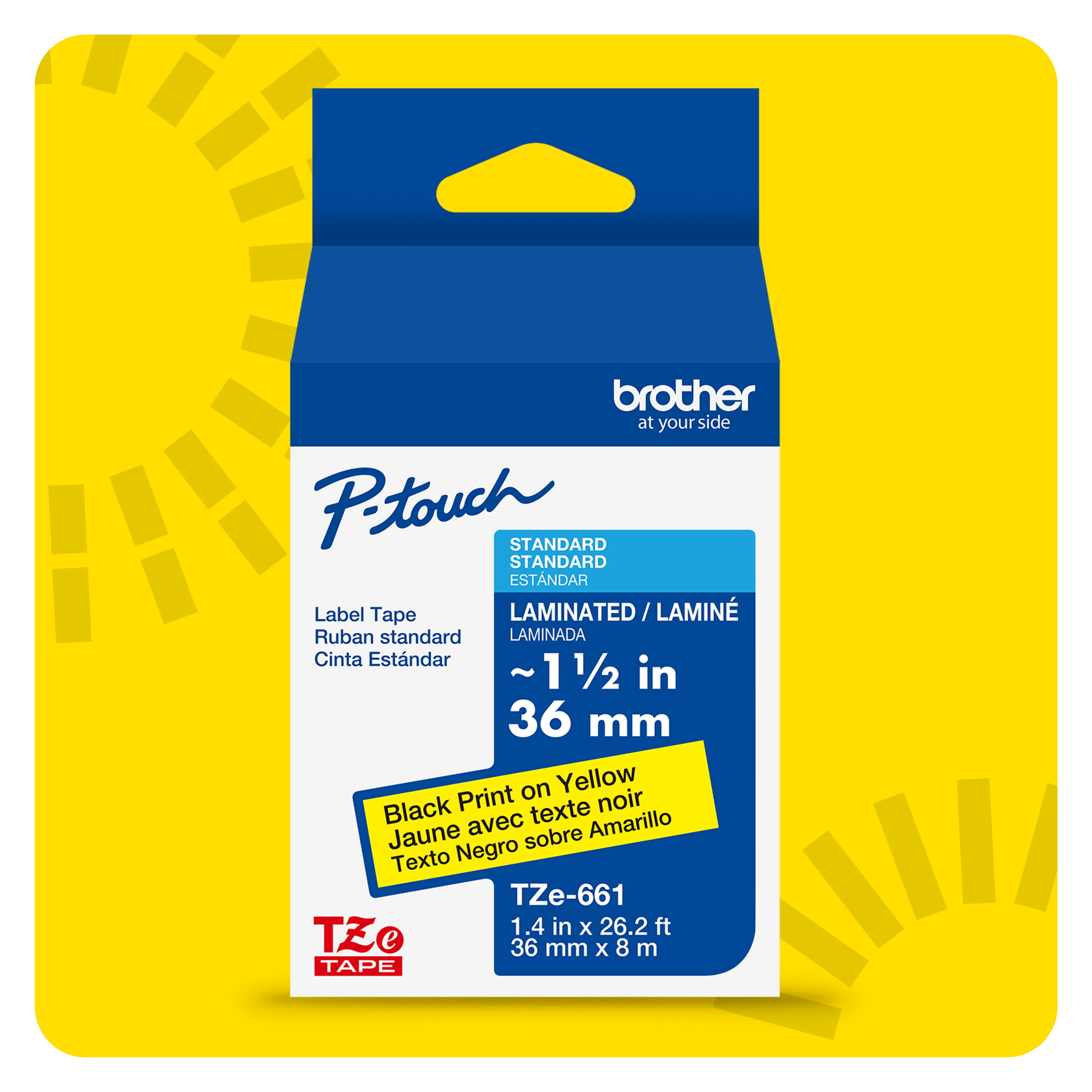 Brother P-touch TZeS661 Black Print on Yellow Label Tape, 1-1/2 in x 26.2 ft Strong Adhesive Laminated, 1-Piece