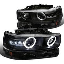 SMD LED Halo Projector Headlight Bumper Light In Black Housing Clear Lens Made For And Compatible With 1999 - 2002 Chevrolet Chevy Silverado 00-06 Suburban Tahoe