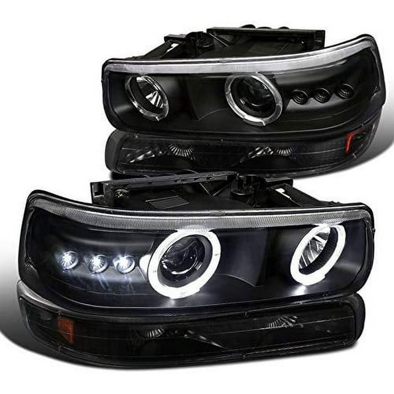 SMD LED Halo Projector Headlight Bumper Light In Black Housing Clear Lens Made For And Compatible With 1999 - 2002 Chevrolet Chevy Silverado 00-06 Suburban Tahoe