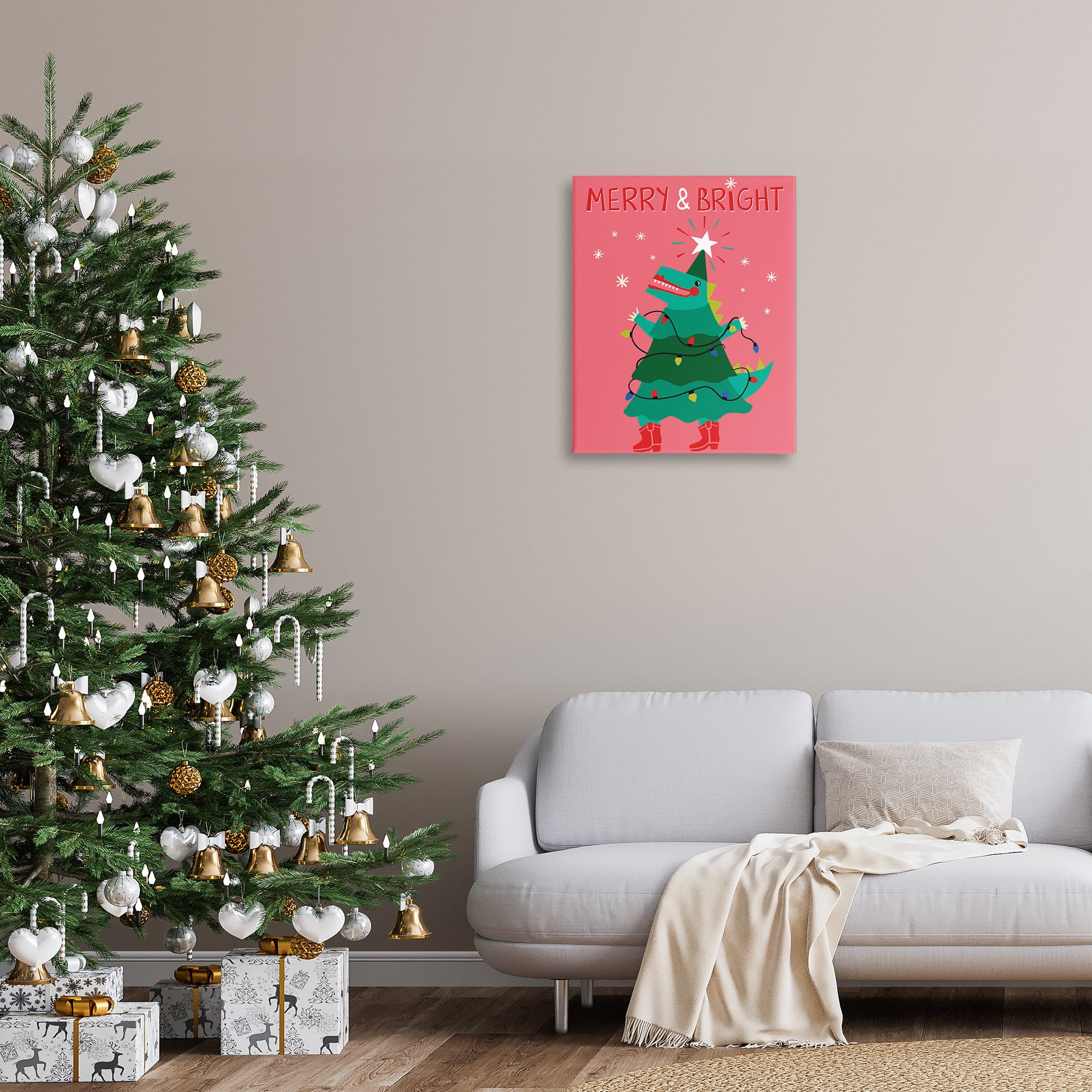 Stupell Industries Merry and Bright Dinosaur Holiday Painting Gallery Wrapped Canvas Art Prints Wall Art, 24 x 30